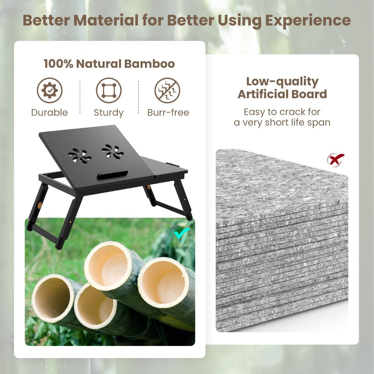 Portable Bamboo Laptop Lap Tray with Adjustable Legs and Tilting Top